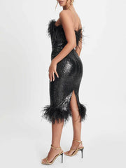 Black Sophia Bandeau Sequin Midi Dress With Feather Trim Newgew Dresses