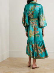 Collared Vintage Print Lantern Sleeve Dress Newgew Dresses