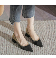 Chunky Heel Pointed Toe Pumps Knitted Woven Shoes NewGew