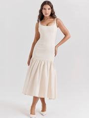 Vintage Low-Waist Midi Dress - Cream Beige Newgew Dresses