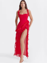 Ruffled Long Maxi Slip Dress - Red Newgew Dresses