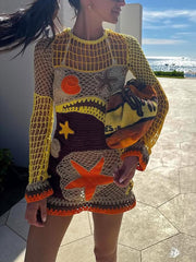 Coral Reef-Inspired Pattern Crochet Mini Dress Newgew Dresses