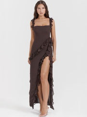 Ruffled Long Maxi Slip Dress - Coffee Newgew Dresses