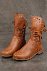 Vintage Faux Leather Studded Lace-Up Mid-Calf Casual Boots NewGew