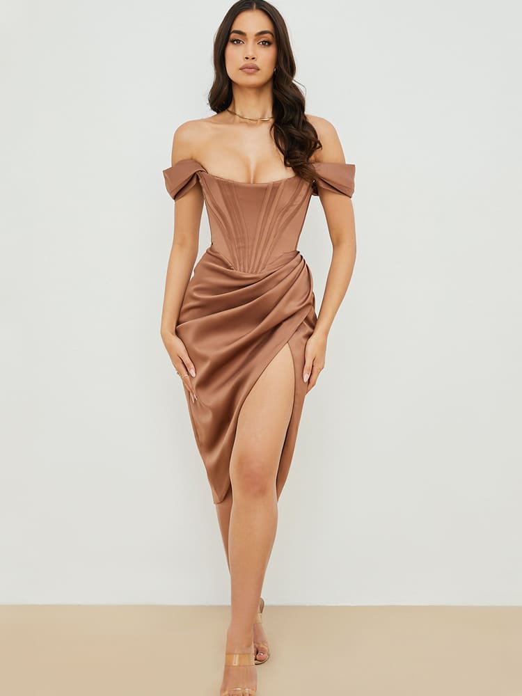 Cap Shoulder Corset Bodycon Midi Dress - Toffee Brown Newgew Dresses