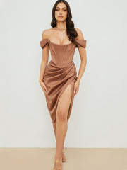 Cap Shoulder Corset Bodycon Midi Dress - Toffee Brown Newgew Dresses
