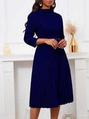 Elegant Solid Color Pleated Dress with Belt Newgew Dresses