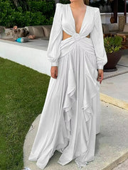 V-Neck Waist Cutout Ruffle Maxi Dress Newgew Dresses