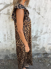 Leopard Print V-Neck Jumpsuit With Front Pockets Newgew Dresses