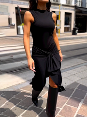 Round Neck Sleeveless Tie Solid Color Dress Newgew Dresses