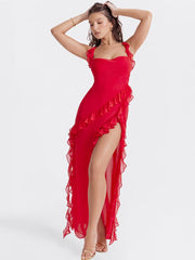 Ruffled Long Maxi Slip Dress - Red Newgew Dresses