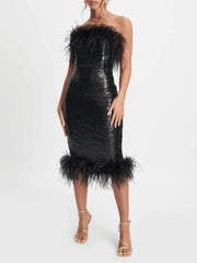 Black Sophia Bandeau Sequin Midi Dress With Feather Trim Newgew Dresses