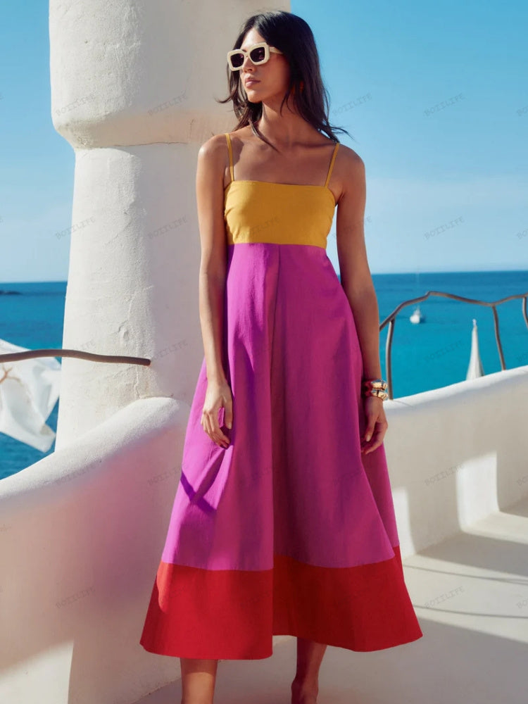 Vacation-Style Color Block Spaghetti Strap Dress Newgew Dresses