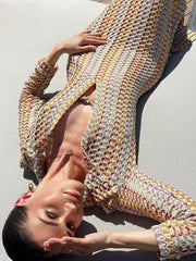 Boho Collared V Neck Split Wavy Striped Crochet Beach Vacation Maxi Dress - Brown Newgew Dresses