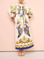 Exquisite And Fun Printed Puff Sleeves Loose Casual Midi Dress Newgew Dresses