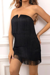 Solid Color Bandeau Retro Tiered Tassel Mini Dress NewGew