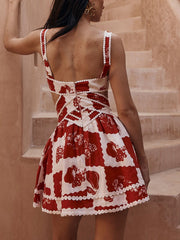 Floral Decorative Unique Print V-Neck Hollow A-Line Mini Dress Newgew Dresses