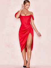 Cap Shoulder Corset Bodycon Midi Dress - Red Newgew Dresses