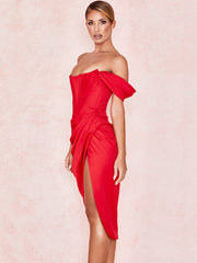 Cap Shoulder Corset Bodycon Midi Dress - Red Newgew Dresses