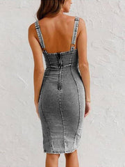 This Seasons Staple Denim Adjustable Straps Zip-up Firm Stretch Midi Dress Newgew Dresses
