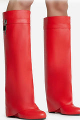 Retro Large Pointed Toe Wedge Heel Metal Lock High Boots NewGew