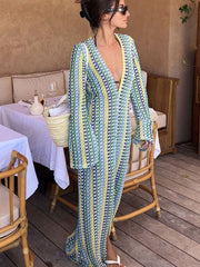 Boho V Neck Bell Sleeve Wavy Striped Crochet Beach Vacation Maxi Dress - Yellow Newgew Dresses