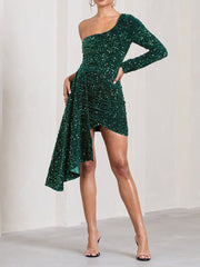 Green Sequin Velvet One Shoulder Mini Dress Newgew Dresses