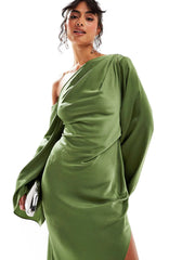 Green Asymmetrical Hem Satin Maxi Dress Newgew Dresses