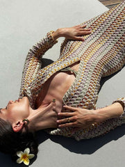 Boho Collared V Neck Split Wavy Striped Crochet Beach Vacation Maxi Dress - Brown Newgew Dresses