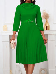 Elegant Solid Color Pleated Dress with Belt Newgew Dresses