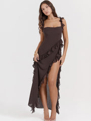 Ruffled Long Maxi Slip Dress - Coffee Newgew Dresses