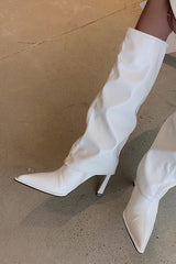 Stylish Imitation Leather Solid Color Pointed Toe High Boots NewGew