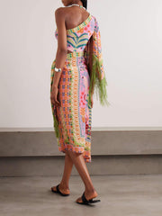 Fine Satin Art Palm Tree Floral Print Fringed Midi Dress Newgew Dresses