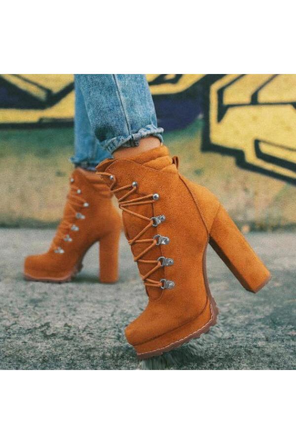 Lace-up Studded High-heel Suede Martin Boots NewGew