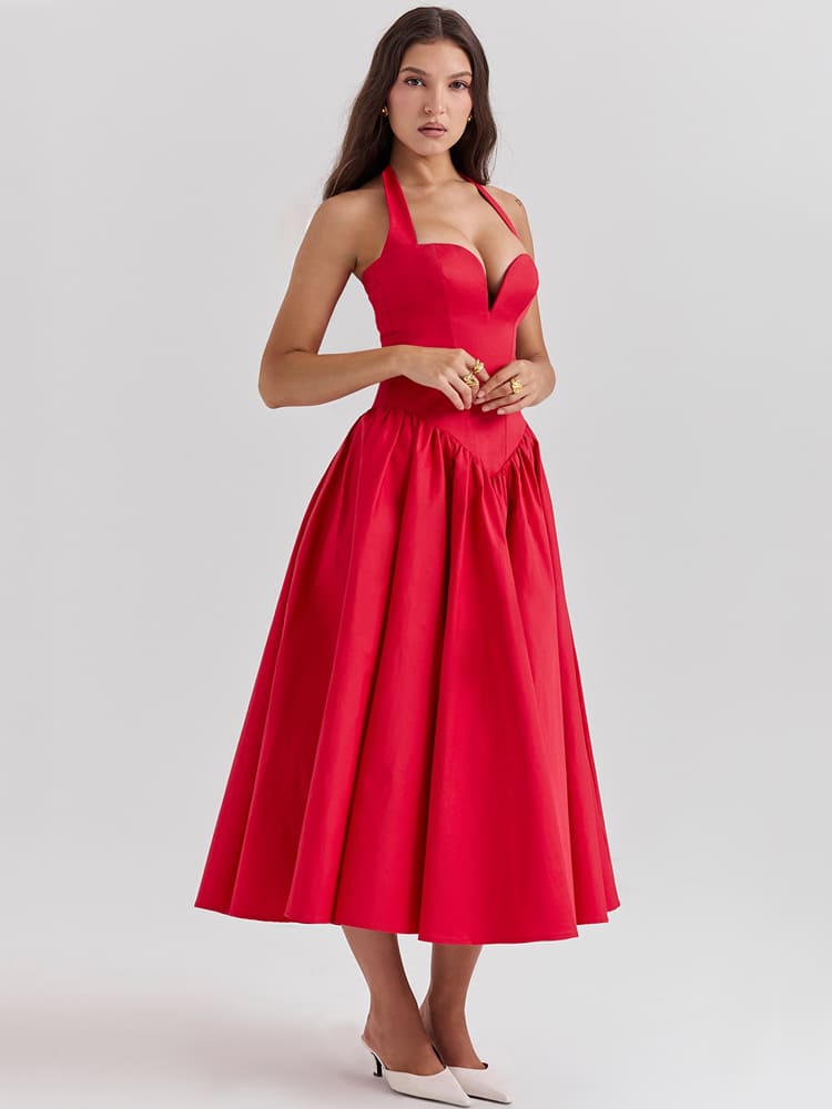 Halter Neck Midi Dress with Side Slit - Scarlet Red Newgew Dresses