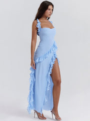 Ruffled Long Suspender Dress - Blue Newgew Dresses