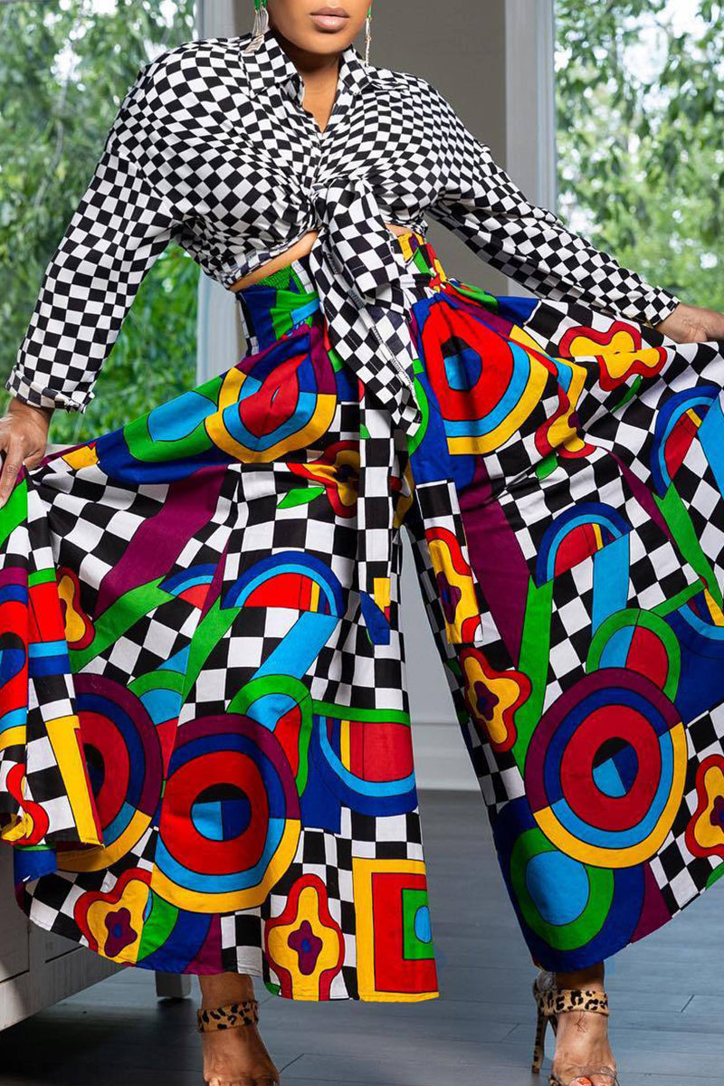 Sweet Print Bandage Patchwork Boot Cut Mid Waist Wide Leg Full Print Bottoms NewGew