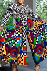 Sweet Print Bandage Patchwork Boot Cut Mid Waist Wide Leg Full Print Bottoms NewGew