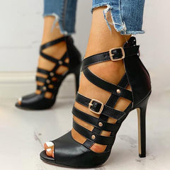 Solid Hollow Out Ankle Strap Thin Heeled Sandals NewGew