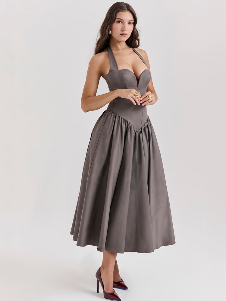 Halter Neck Midi Dress with Side Slit - Smoky Gray Newgew Dresses