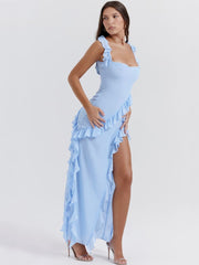 Ruffled Long Suspender Dress - Blue Newgew Dresses