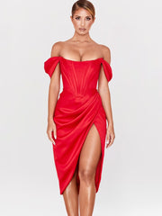 Cap Shoulder Corset Bodycon Midi Dress - Red Newgew Dresses