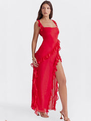 Ruffled Long Maxi Slip Dress - Red Newgew Dresses