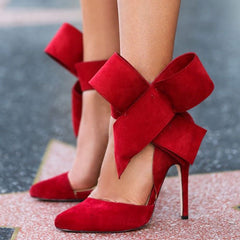 Vintage Pointed Toe Ankle Strap Suede Stiletto Butterfly Heels - Red NewGew