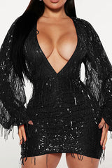Sequined Tassel Party Deep V Neck Mini Dress NewGew