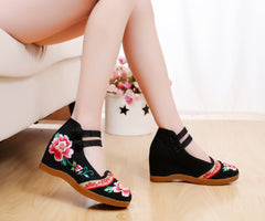 Women's Style Double Buckle Height Increasing Insole Bridal Canvas Shoes Newgew