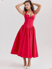 Halter Neck Midi Dress with Side Slit - Scarlet Red Newgew Dresses