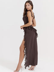 Ruffled Long Maxi Slip Dress - Coffee Newgew Dresses