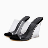 Chic Transparent Peep Toe Clear Block Heel Wedge Sandals - Black NewGew