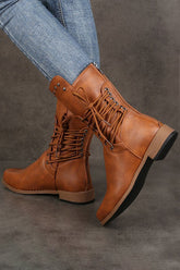 Vintage Faux Leather Studded Lace-Up Mid-Calf Casual Boots NewGew